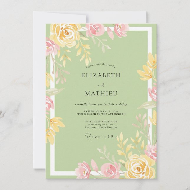 Convite Casamento Peônia Manteiga Celadon (Frente)