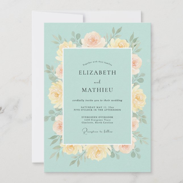Convite Casamento Peônia Manteiga Celeste (Frente)