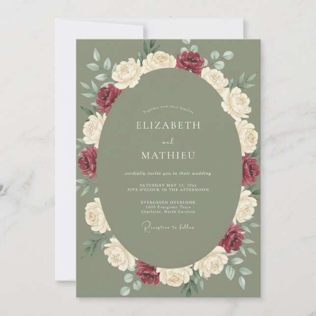 Convite Casamento Peônia Marrom Azeitona Prensada (Frente)