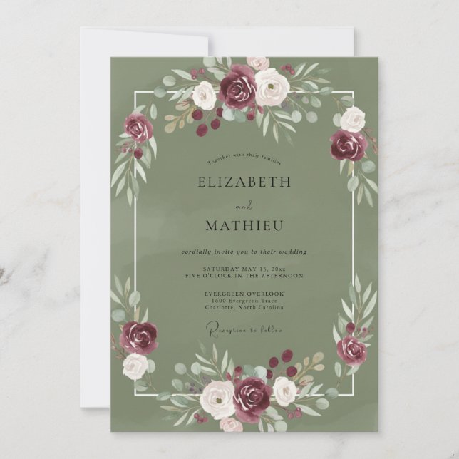 Convite Casamento Peônia Marrom Oliva (Frente)