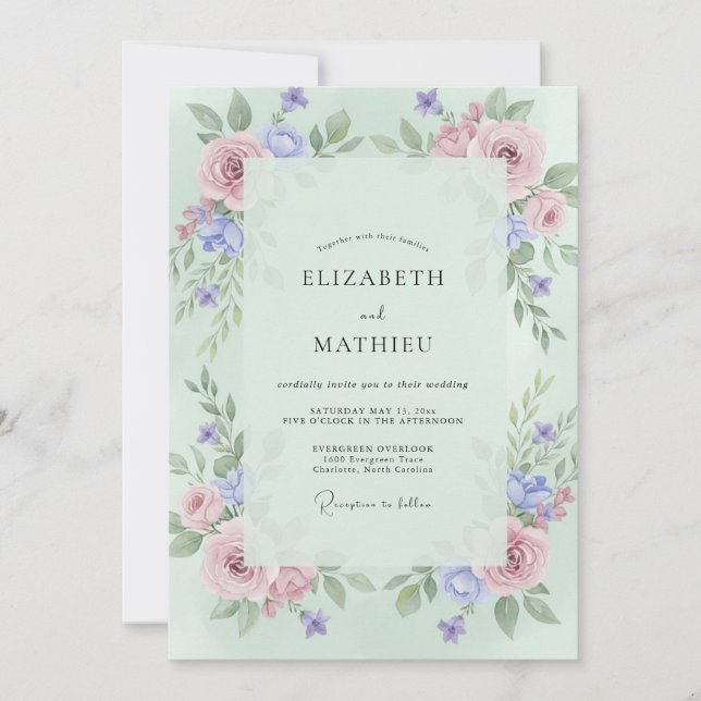 Convite Casamento Peônia Periwinkle Celadon (Frente)