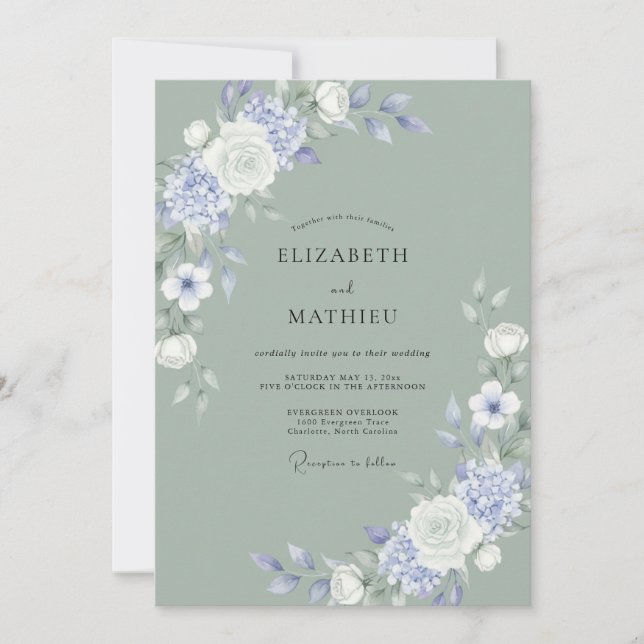 Convite Casamento Peônia Periwinkle Celadon ao Luar (Frente)