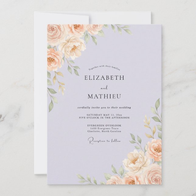 Convite Casamento Peônia Periwinkle Damasco (Frente)