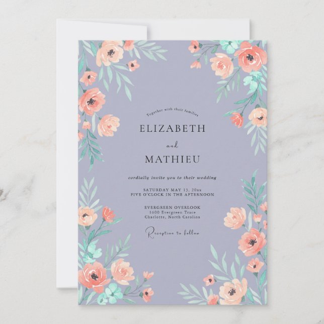 Convite Casamento Peônia Pêssego Bege Rosa Azul (Frente)