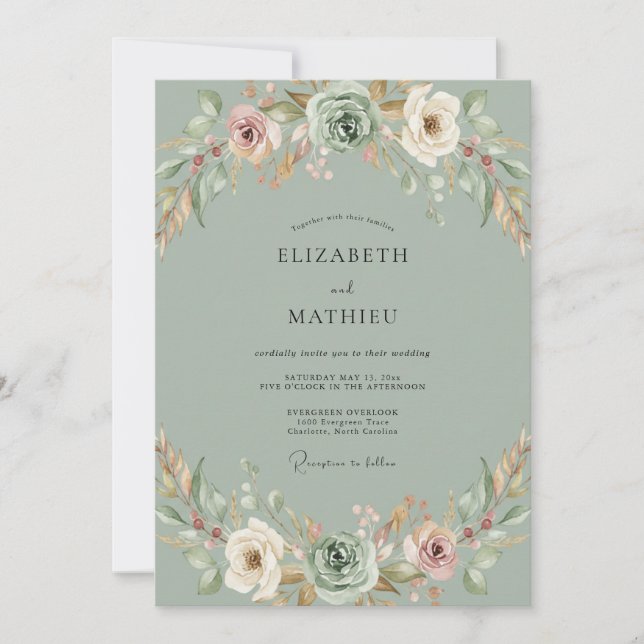Convite Casamento Peônia Pêssego Celadon (Frente)
