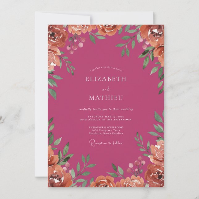 Convite Casamento Peônia Pêssego Magenta (Frente)