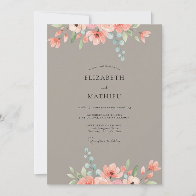 Convite Casamento Peônia Pêssego Taupe (Frente)