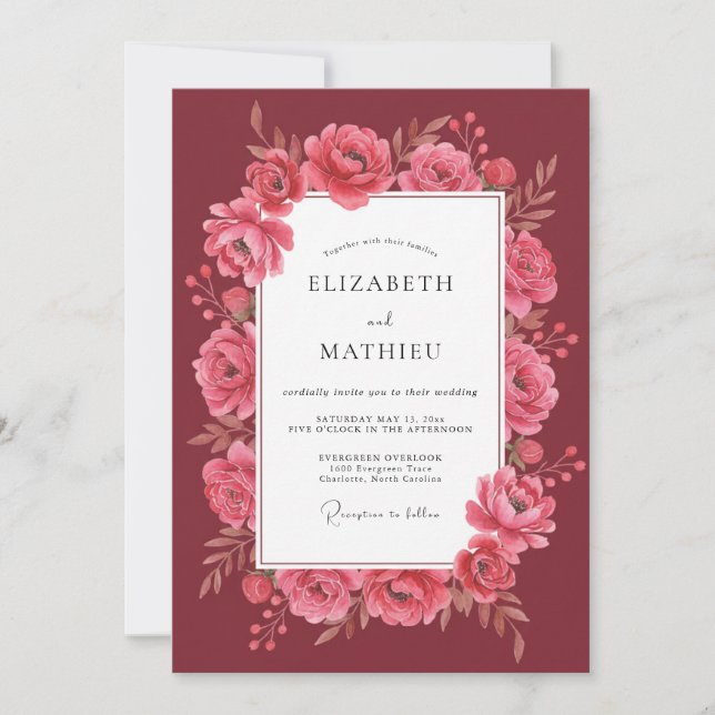 Convite Casamento Peônia Rosa Carmesim (Frente)