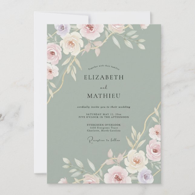 Convite Casamento Peônia Rosa Celadon (Frente)