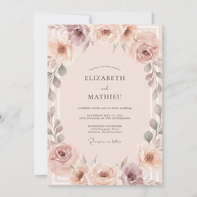 Convite Casamento Peônia Rosa Malva Champagne (Frente)