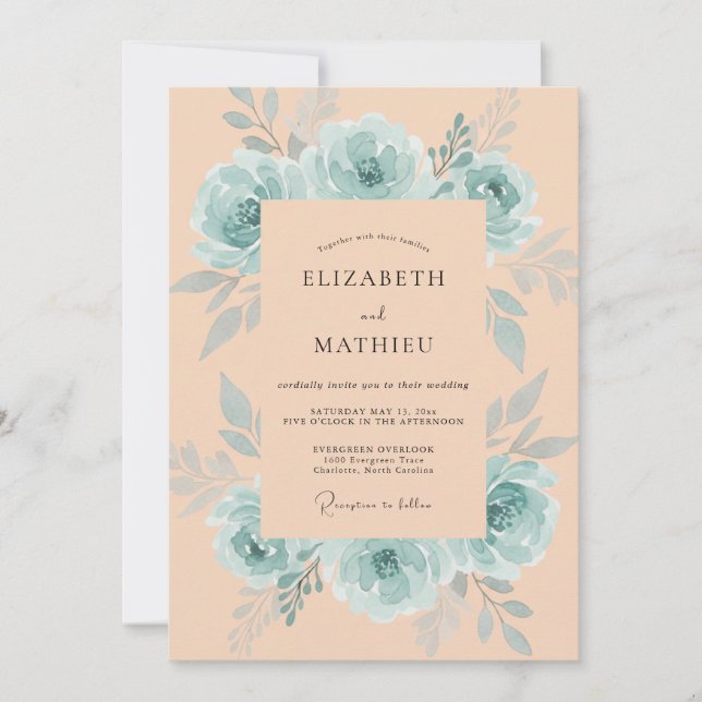 Convite Casamento Peônia Seafoam Pêssego (Frente)