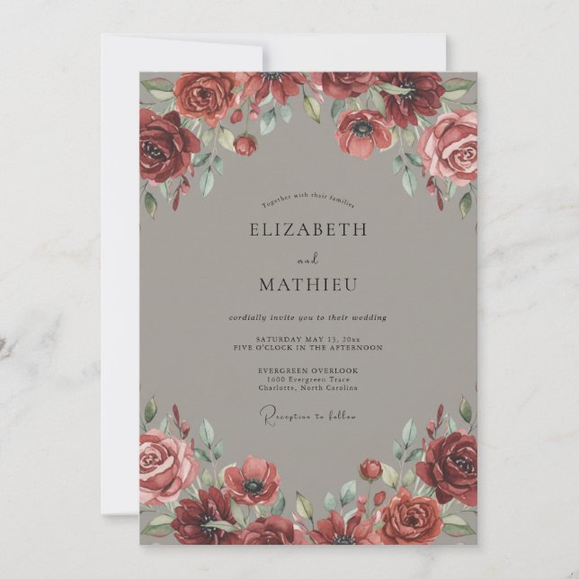 Convite Casamento Peônia Taupe Carmesim (Frente)