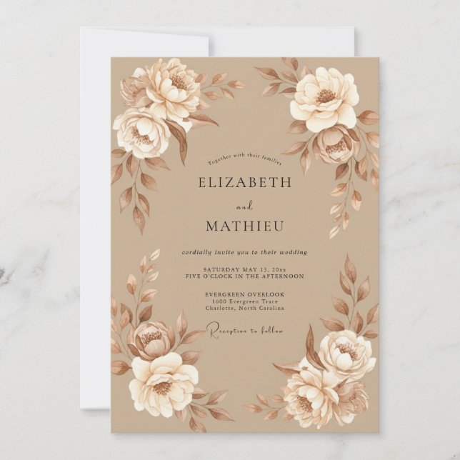 Convite Casamento Peônia Taupe Champagne (Frente)