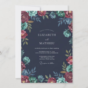 Convite Casamento Peônia Teal Meia-Noite