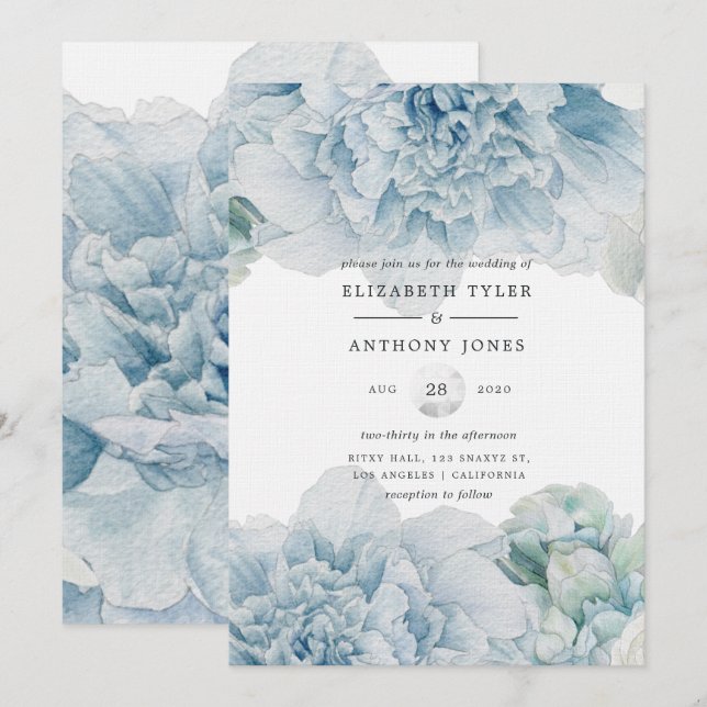 Convite Casamento Peônias Azuis (Frente/Verso)