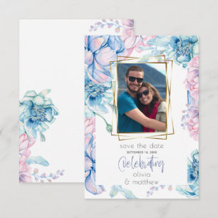 Convite Casamento  Pêonias Azuis e Bubblegum Rosa