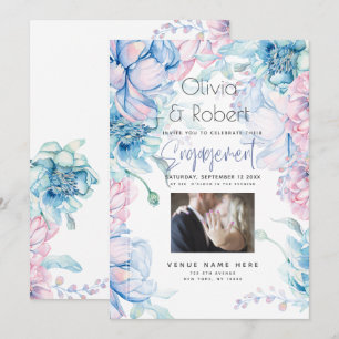 Convite Casamento Peônias Azul Céu e Rosa Chiclete
