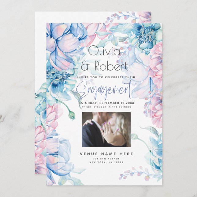 Convite Casamento | Pêonias-rosa-do-céu e bublegum (Frente/Verso)