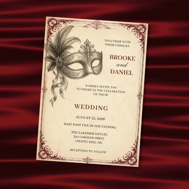 Convite Casamento Pergaminho Máscara de Rendas Vintage (Criador carregado)
