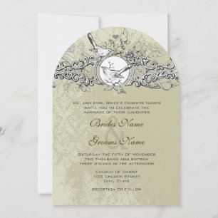 Convite Casamento Pergaminho Musical Verde Sage Pombinhos