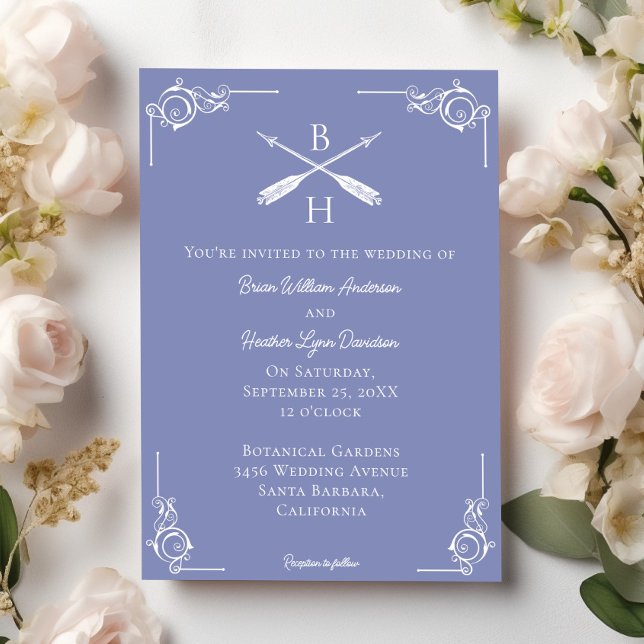 Convite Casamento Periwinkle Monograma e Setas (Periwinkle Monogram and Arrows Wedding Invitation)