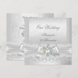Convite Casamento Pérola Branca Lace Damask Diamante Prata