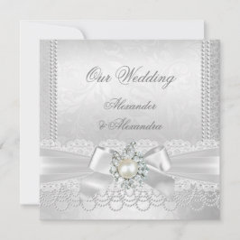 Convite Casamento Pérola Branca Lace Damask Diamante Prata