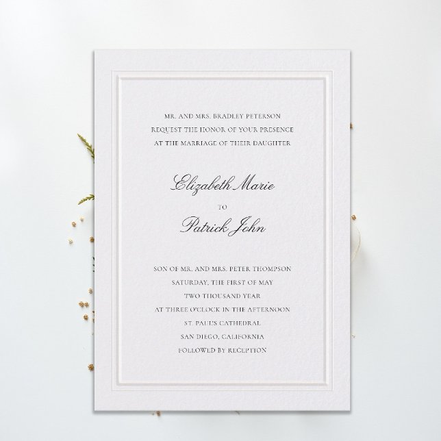Convite Casamento Pérola em Quadro Clássico Moderno Elevad (modern classic wedding invitation double frame elevated pearl formal traditional calligraphy stately)