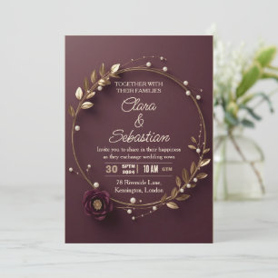 Convite Casamento Pérola Floral Roxo Dourado Elegante Em
