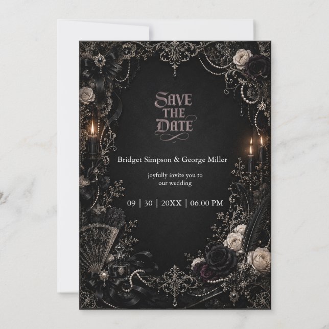 Convite Casamento Pérola Rosa Barroco Vitoriano Gótico  (Frente)