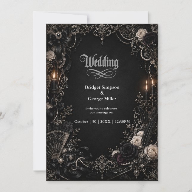 Convite Casamento Pérola Rosa Barroco Vitoriano Gótico  (Frente)