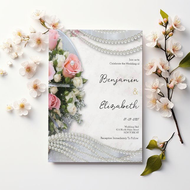 Convite Casamento pérola rosa estilo vintage (Vintage style pink white rose pearl Wedding)