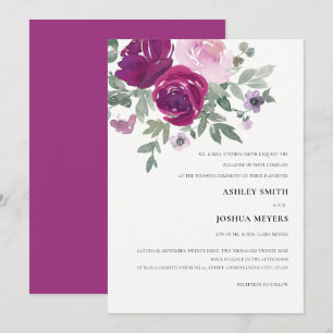 Convite Casamento Pérola Rosa Magenta Floral Aquarela Bran