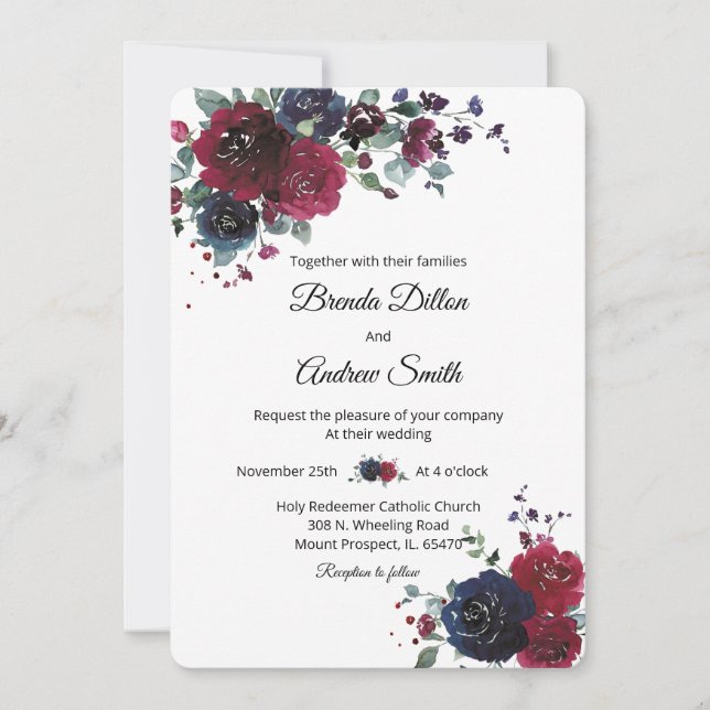 Convite Casamento Personalizado Azul Marinho e Borgonha (Frente)