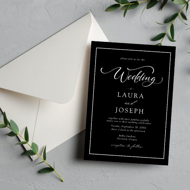 Convite Casamento Personalizado Clássico Elegante Preto e  (Personalized black and white invitation adds classic elegance to your wedding details)
