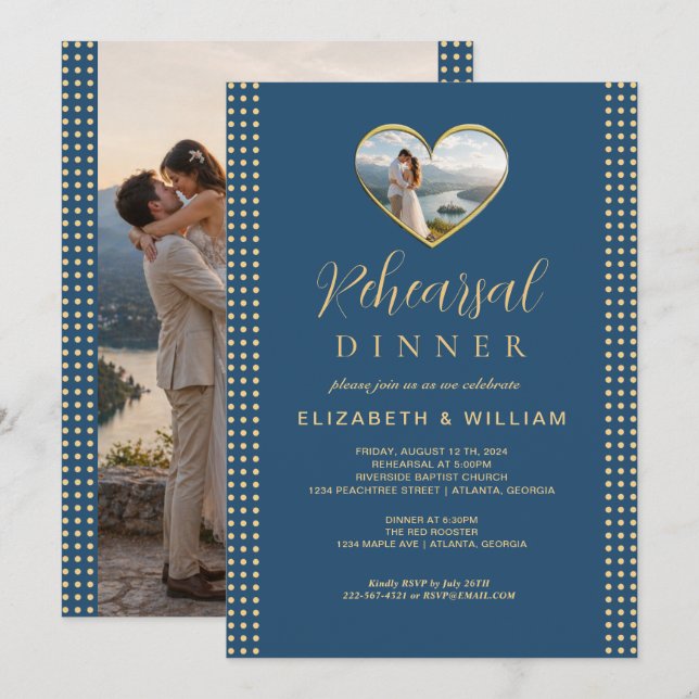Convite Casamento personalizado com bolinhas azuis e doura (Frente/Verso)