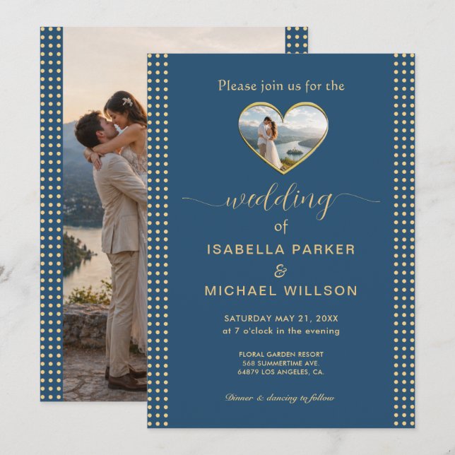 Convite Casamento personalizado com bolinhas douradas e az (Frente/Verso)