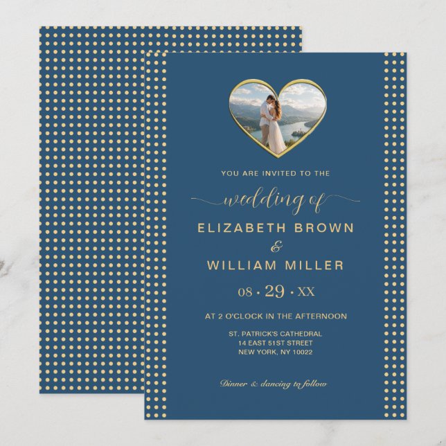 Convite Casamento personalizado com bolinhas douradas e az (Frente/Verso)