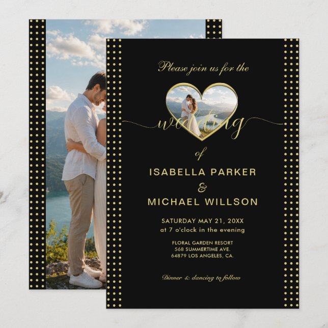 Convite Casamento personalizado com bolinhas douradas e pr (Frente/Verso)