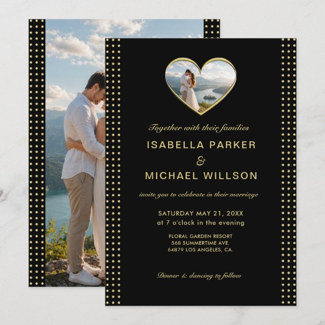 Convite Casamento personalizado com bolinhas douradas e pr (Frente/Verso)