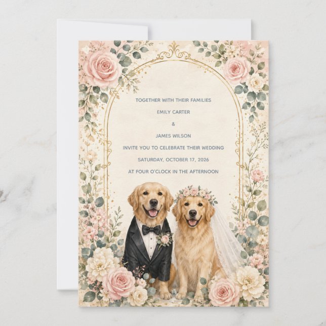 Convite Casamento Personalizado com Rosa Floral e Retrieve (Frente)