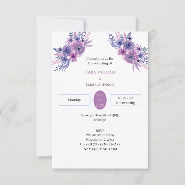 Convite Casamento Personalizado Da Flor Roxo Elegante (Frente)