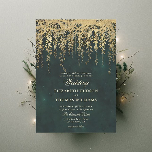Convite Casamento Personalizado Da Floresta Dourada Encant (enchanted forest wedding invitation gold hanging greenery dark romantic emerald green modern chic)