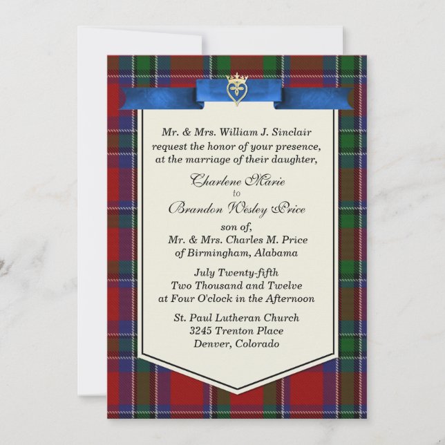 Convite Casamento Personalizado da Xadrez Sinclair Tartan (Frente)