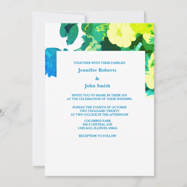 Convite Casamento Personalizado De Arte De Azul Floral Ama (Frente)
