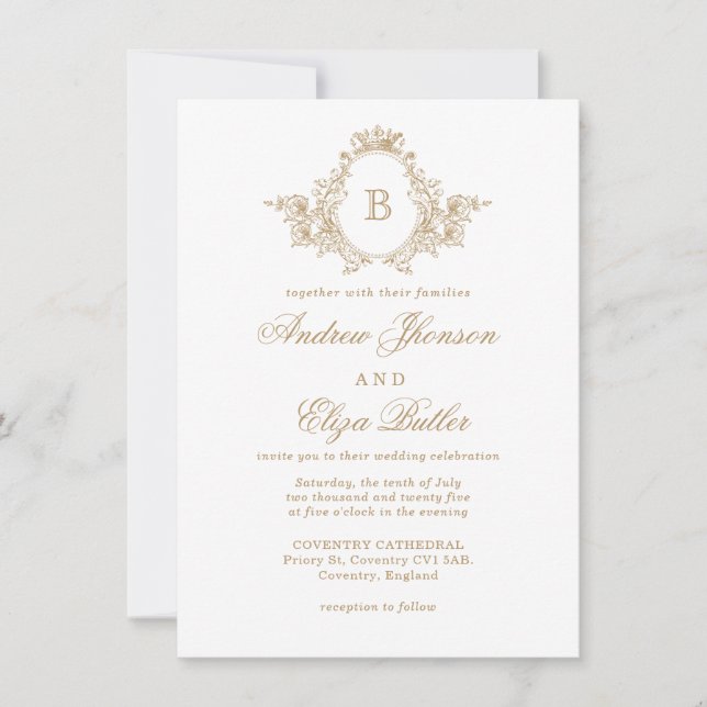 Convite Casamento Personalizado de Crest Dourado Monograma (Frente)