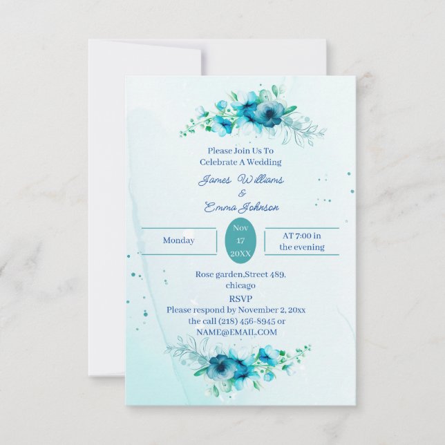 Convite Casamento Personalizado de Flor Azul Elegante (Frente)