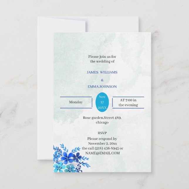 Convite Casamento Personalizado De Flores Azuis Elegantes (Frente)