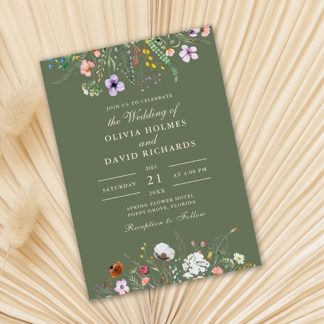 Convite Casamento Personalizado De Foto De Sage Green Wild (Sage Green Watercolor Wildflower Meadow Wedding Invitation on dry palm leaf.)