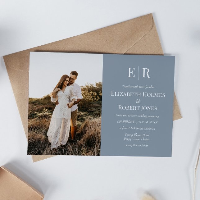 Convite Casamento Personalizado De Fotografia Do Monograma (Elegant Dusty Blue Monogram Custom Photo Wedding Invitation on white table with neutral decoration.)